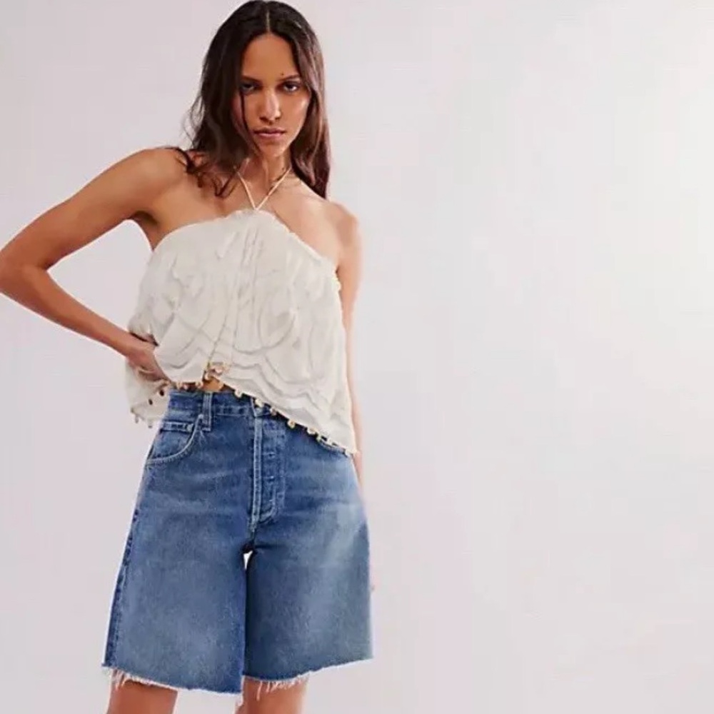 Free People Ivory Strapless Scallop Lace Beaded Top with Halter Tie